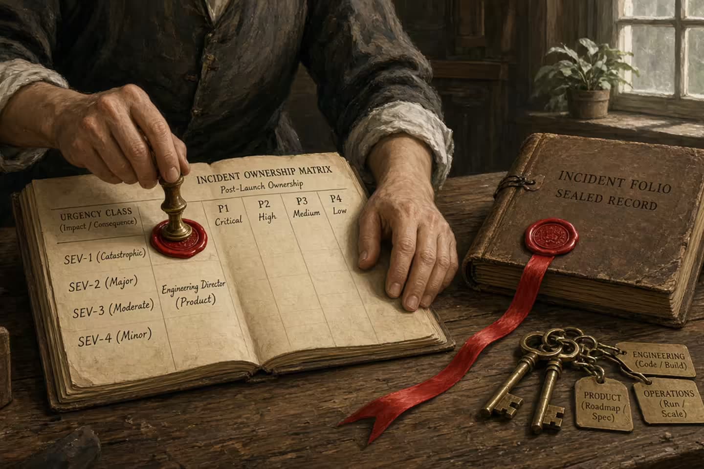 Antique operations desk with a severity matrix board, keyed cabinets for change rights, a red thread from P1 to a named owner card, and a coverage calendar.