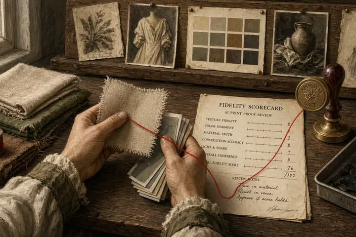 Antique atelier with fabric swatches and a true product specimen beside AI print proofs on a review rail, a fidelity scorecard, an approval stamp, and a red thread from specimen to gate.