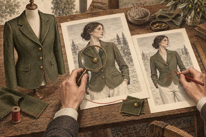 An illustrator compares jacket details on model-image proofs with the original garment using a magnifying glass and correction marks.
