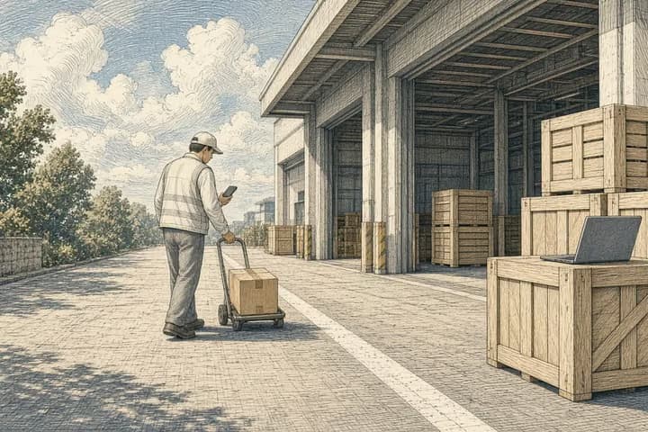 Sunny dock: a person moves one small parcel forward while larger crates wait, a laptop on a crate.