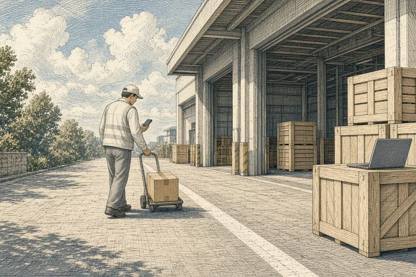 Sunny dock: a person moves one small parcel forward while larger crates wait, a laptop on a crate.