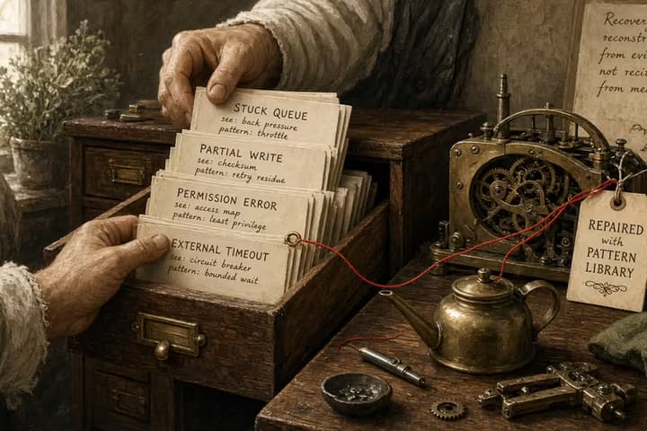 Antique pattern library cabinet with runbook cards for queue, partial write, permission, and timeout, red thread linking check-first steps to a restored ledger.