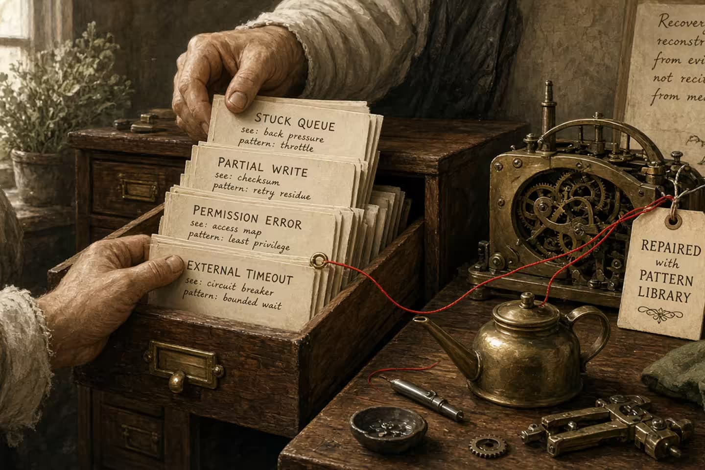 Antique pattern library cabinet with runbook cards for queue, partial write, permission, and timeout, red thread linking check-first steps to a restored ledger.