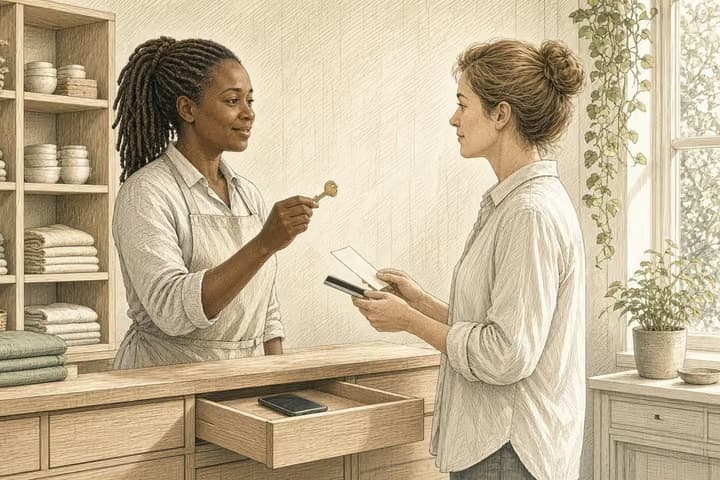 Bright back room: one person holds a key and another holds a payment card and a receipt.