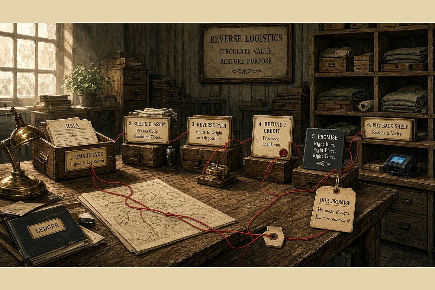 Antique shipping workshop with six reverse-logistics stations; red thread carrying a promise tag from RMA intake through refund message to put-back shelf.