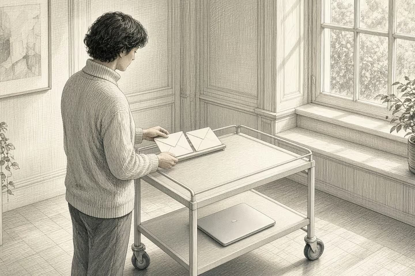 Daylit room: a person swaps two sealed envelopes on a cart, with a closed laptop on the shelf below.
