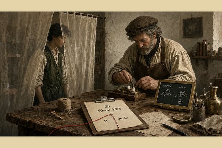 Antique workshop with an agent-like apprentice observing a master at a bench behind a thin gauze screen; red thread marking a go/no-go gate on a clipboard success card.