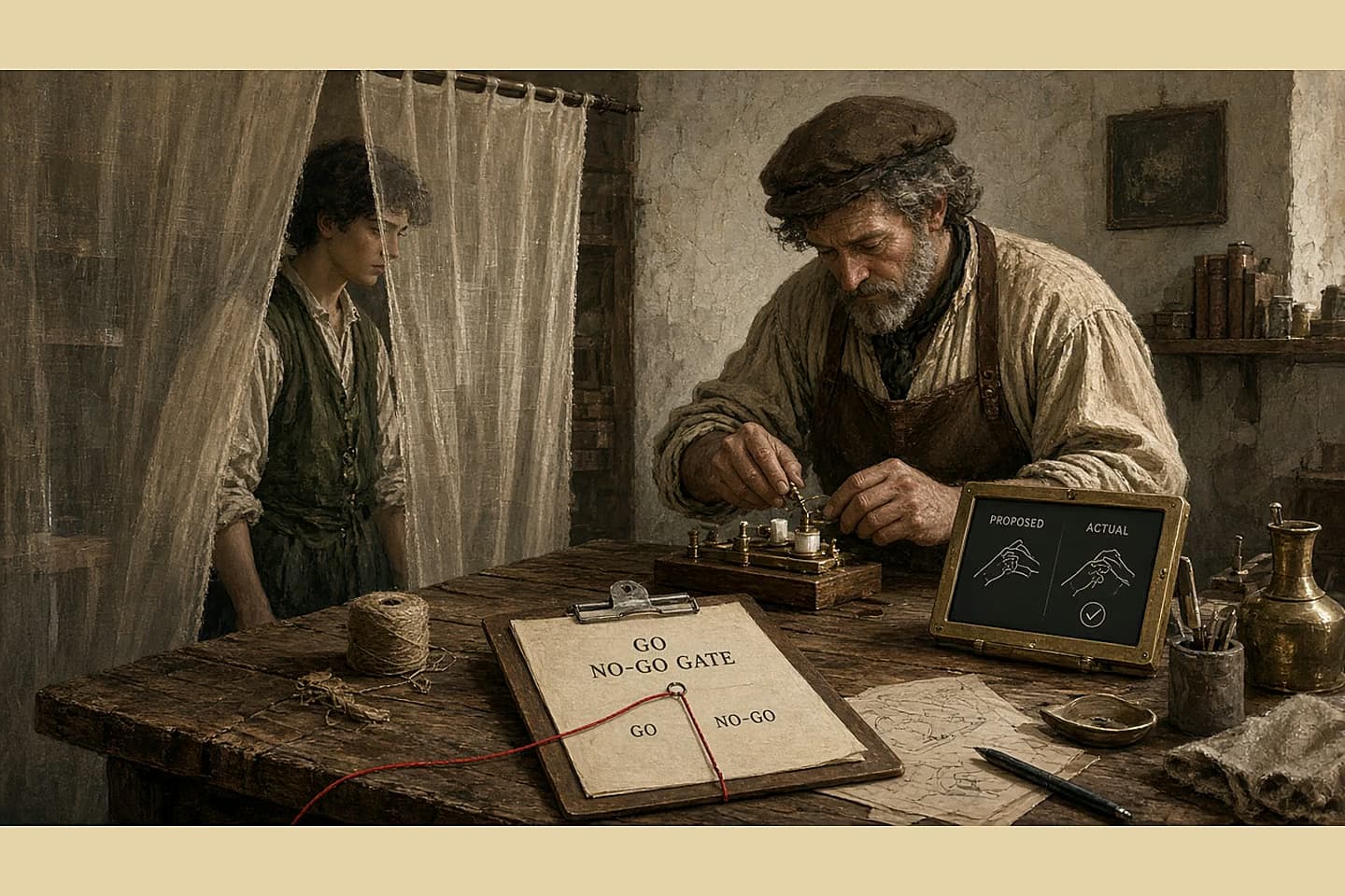 Antique workshop with an agent-like apprentice observing a master at a bench behind a thin gauze screen; red thread marking a go/no-go gate on a clipboard success card.