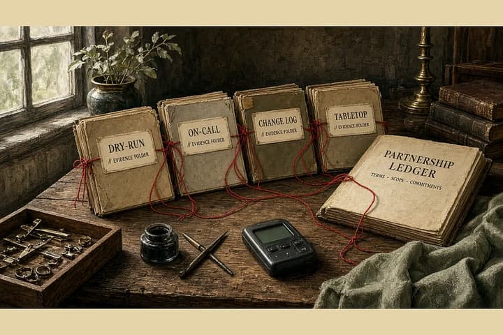 Antique workshop contract desk with four evidence folders—dry-run, on-call, change log, tabletop—bound by red thread to a partnership ledger.