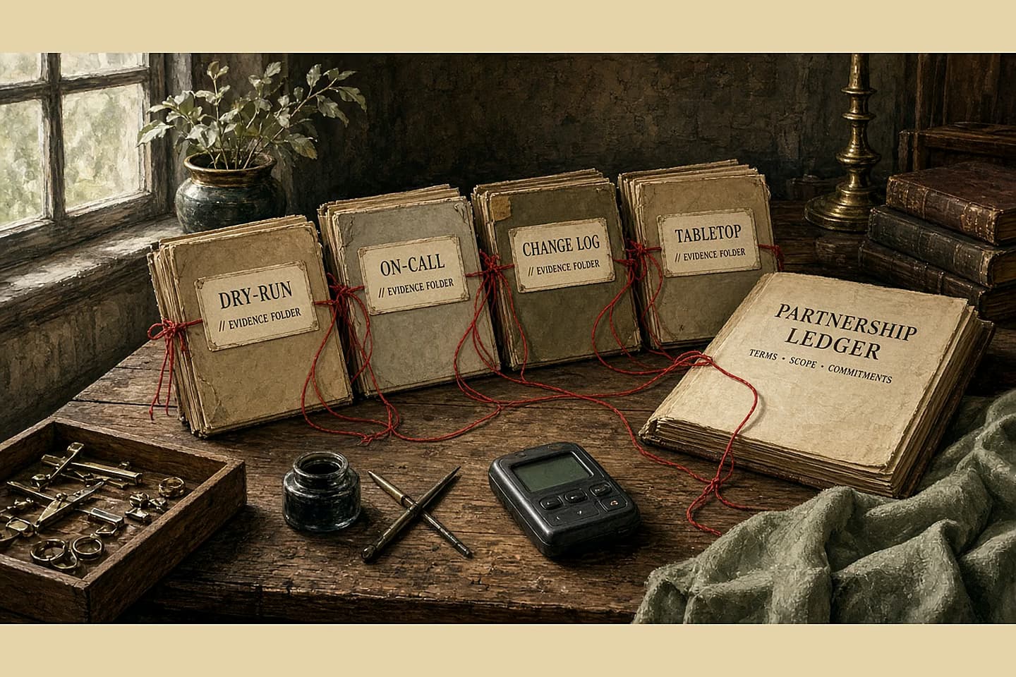 Antique workshop contract desk with four evidence folders—dry-run, on-call, change log, tabletop—bound by red thread to a partnership ledger.