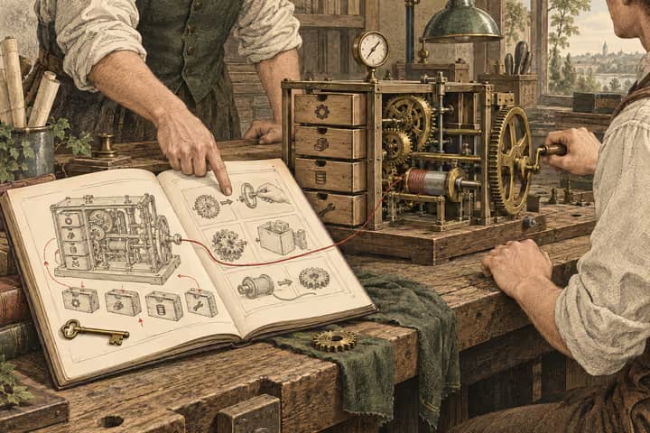 An engineer guides a new operator through a working mechanism using its matching illustrated manual, access key and spare parts.