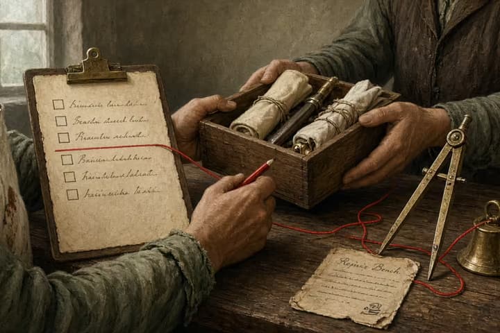 Antique workshop with a scored checklist clipboard, a server crate being passed between teams, diagnostic gauges, a repair bench, and a red thread linking deploy to support.