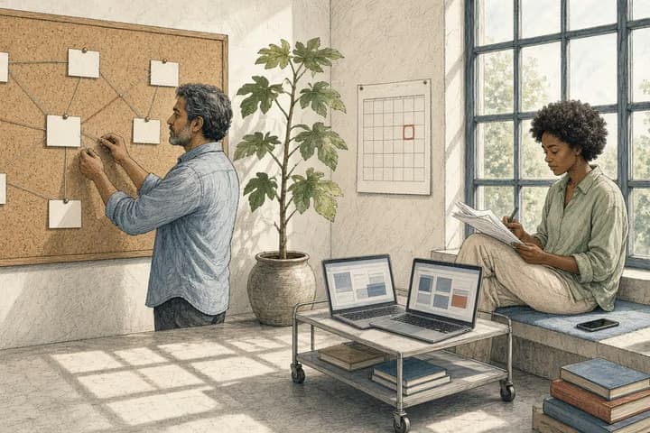 In a bright loft, a woman on a window bench reads a printed contract while a colleague pins threads between index cards on a cork wall. Between them, two laptops show blocks moving from one screen to the other, and a calendar on the wall has one day circled.