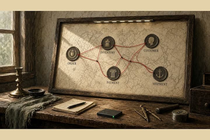 Antique workshop wall map with five sealed stations—order, inventory, customer, payment, shipment—linked by red conflict-rule threads.