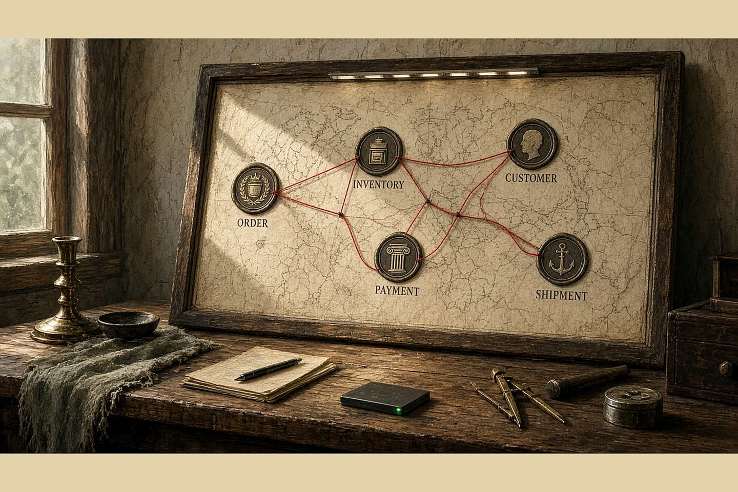 Antique workshop wall map with five sealed stations—order, inventory, customer, payment, shipment—linked by red conflict-rule threads.