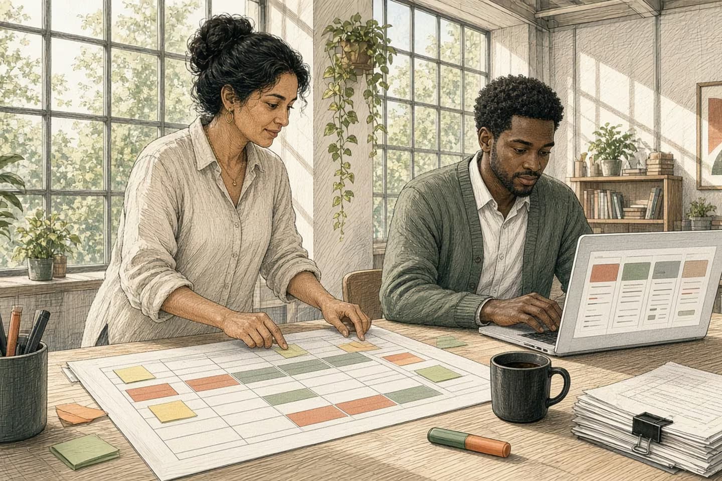 Editorial engraving of a bright loft office where a woman stands over a large printed spreadsheet marked with orange and green highlighter while a young colleague beside her turns those same colored bands into tidy status blocks on a laptop.