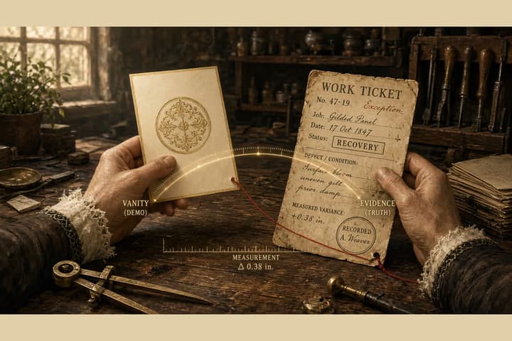 Hands compare a polished vanity demo card with a worn work ticket labeled EVIDENCE, linked by a red thread and a measurement overlay.