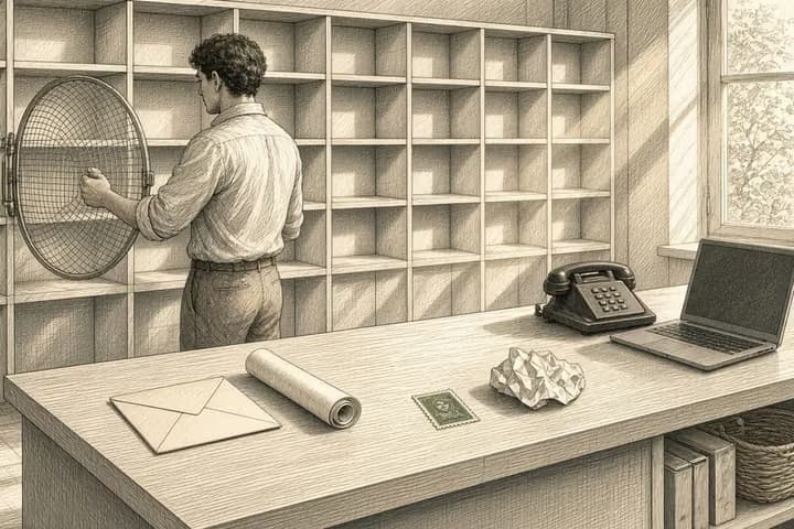 Sunlit mail room: a person holds a mesh gate, with an envelope, a scroll, and a laptop on the counter.