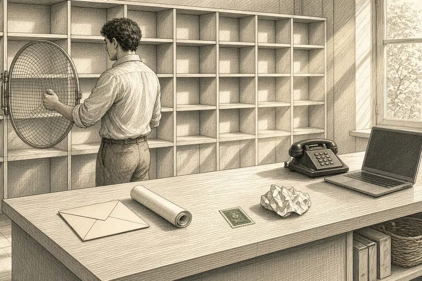 Sunlit mail room: a person holds a mesh gate, with an envelope, a scroll, and a laptop on the counter.