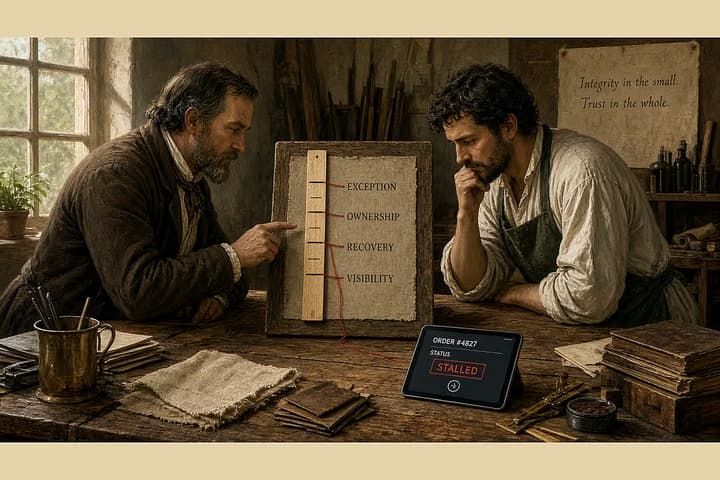 Antique workshop with a buyer and craftsperson at a workbench, a live demo slate propped like a sample board, red thread marking exception, ownership, recovery, and visibility notches on a wooden score stick.