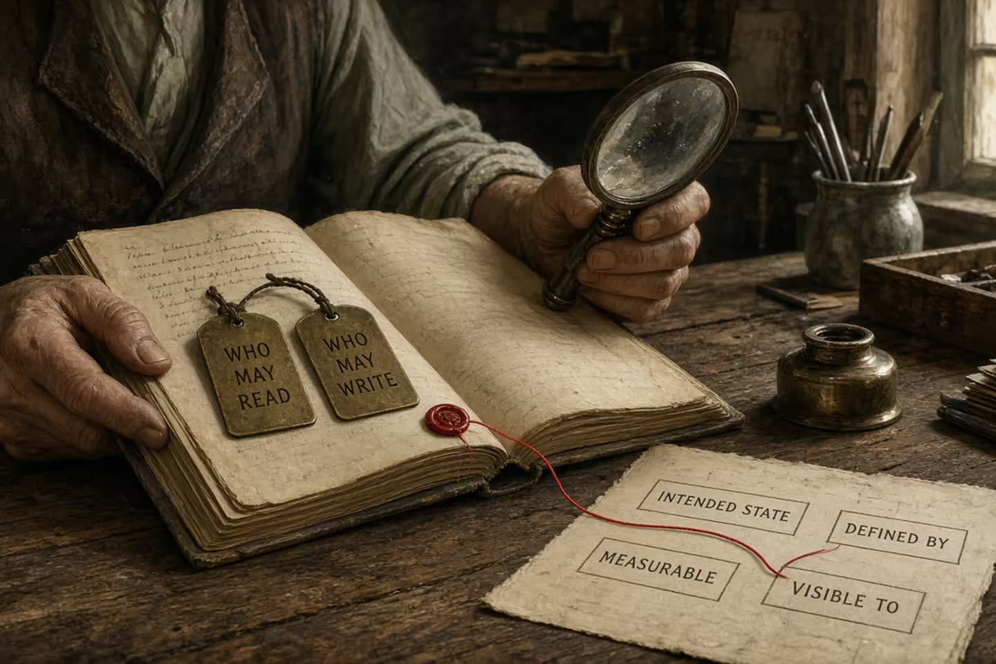 Antique control room with labeled state cards on a shared ledger, a red thread between record and operator, and a mechanical agent paused until the ledger updates.