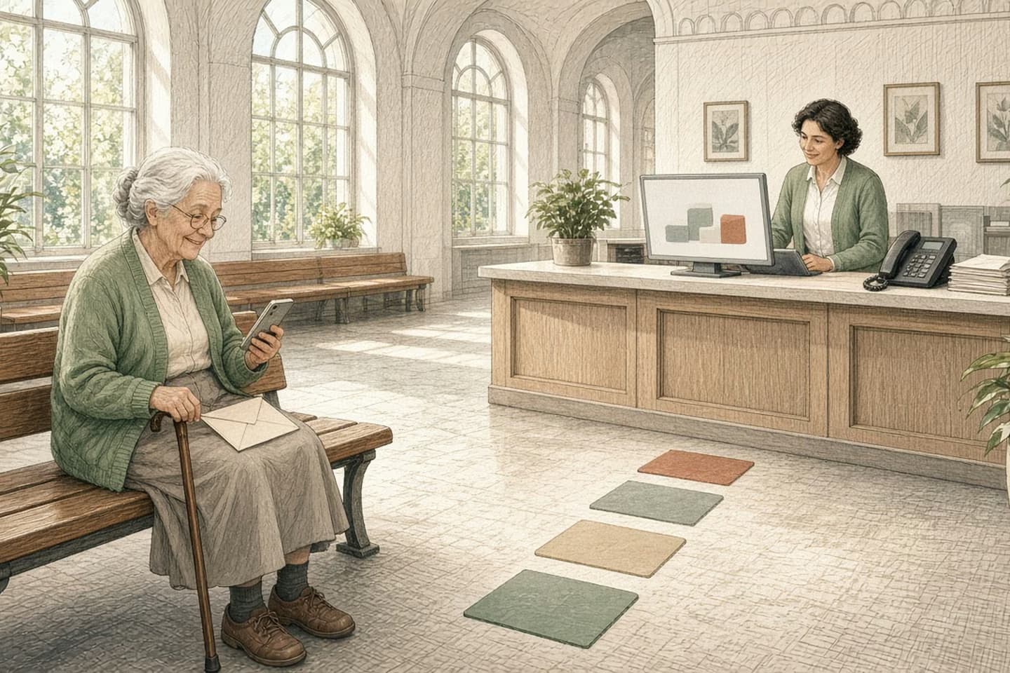 Editorial engraving of a bright municipal service hall where an elderly woman on a bench reads a phone message with relief while a clerk at the counter behind her views four simple progress blocks, an idle desk phone beside him.