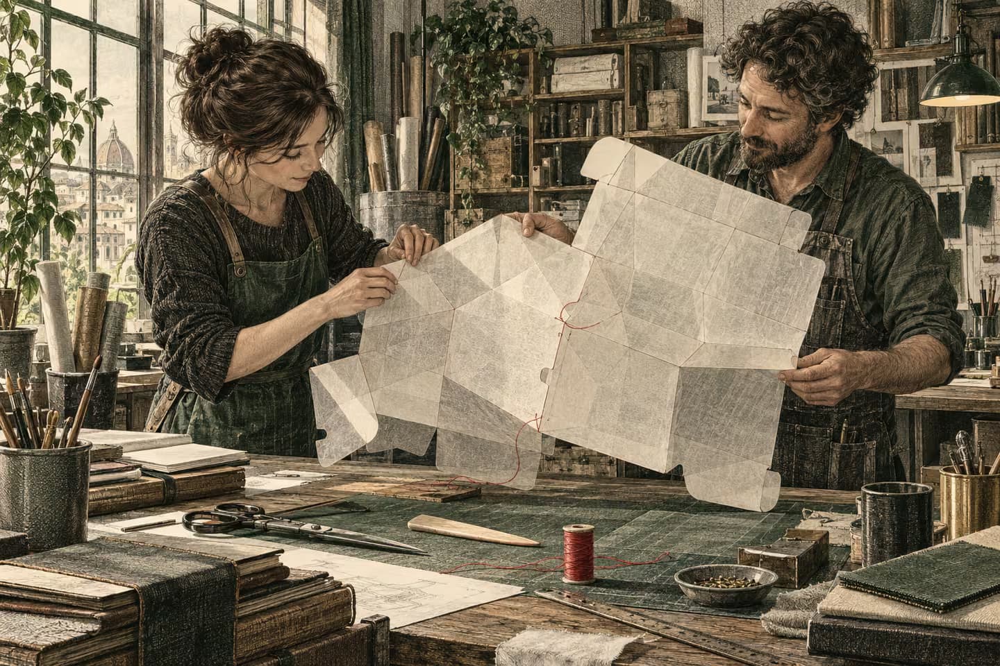 A designer and operator fit a paper pattern to the way their workspace functions