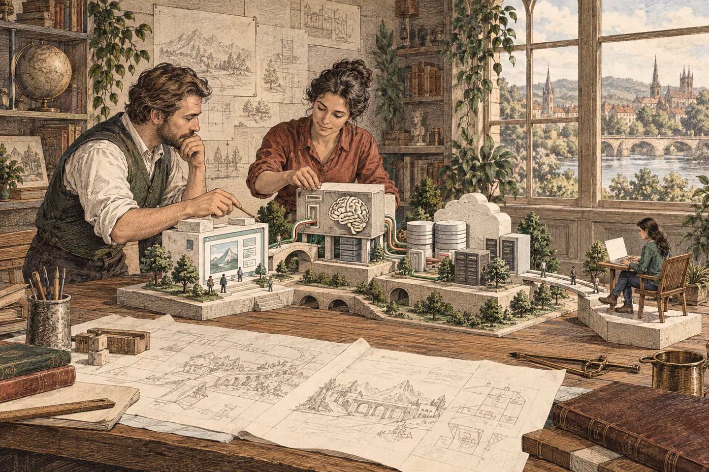 A founder and engineer connect a customer product, an AI system, data and infrastructure in one working model
