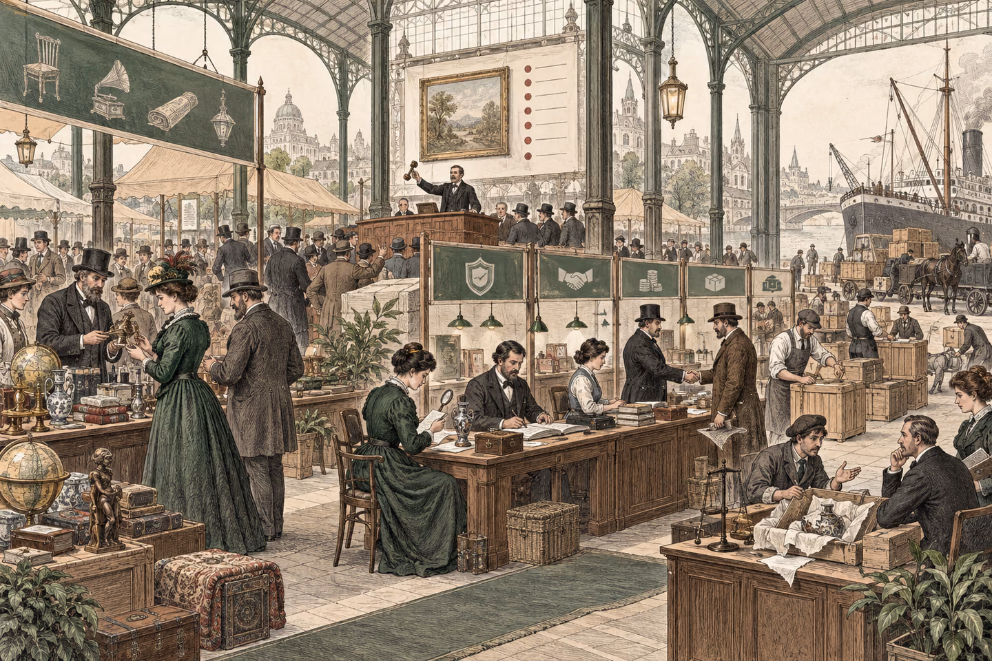 A marketplace pavilion connects discovery, verification, transaction operations, packing, shipping and exception resolution
