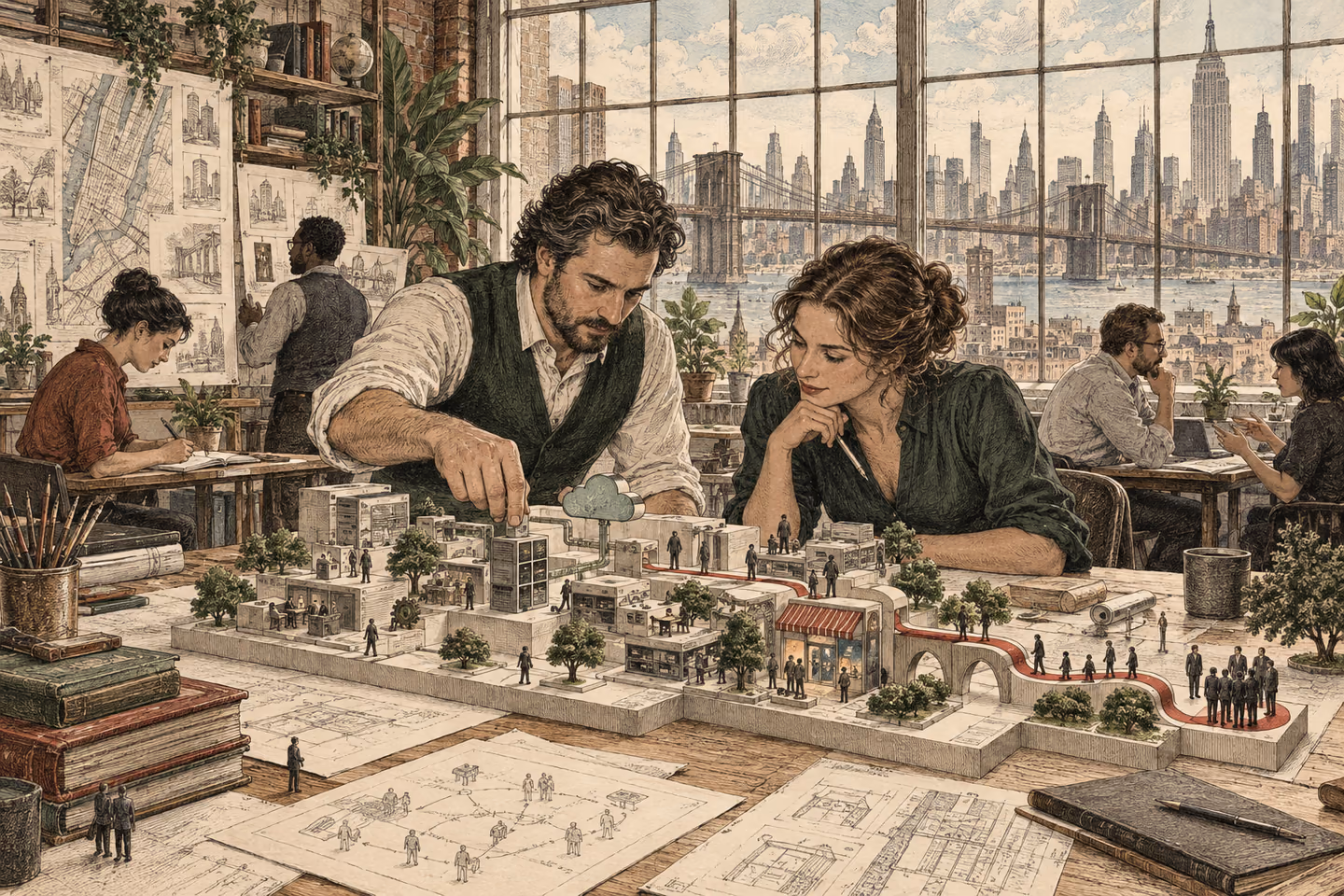 A founder and client work directly over a connected product and operations model in a New York workshop
