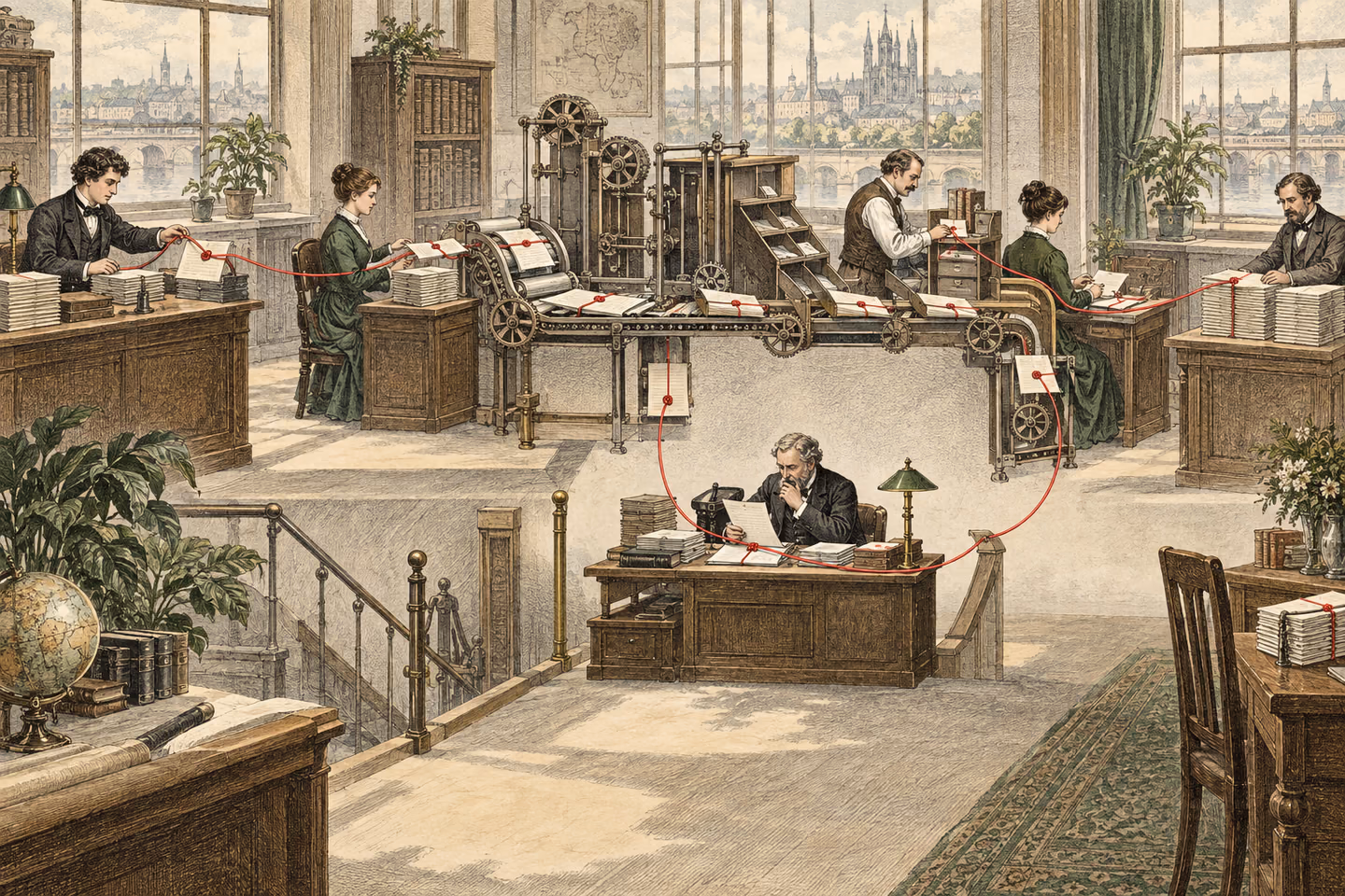 A visible thread carries work across connected teams and loops an exception through a staffed review desk