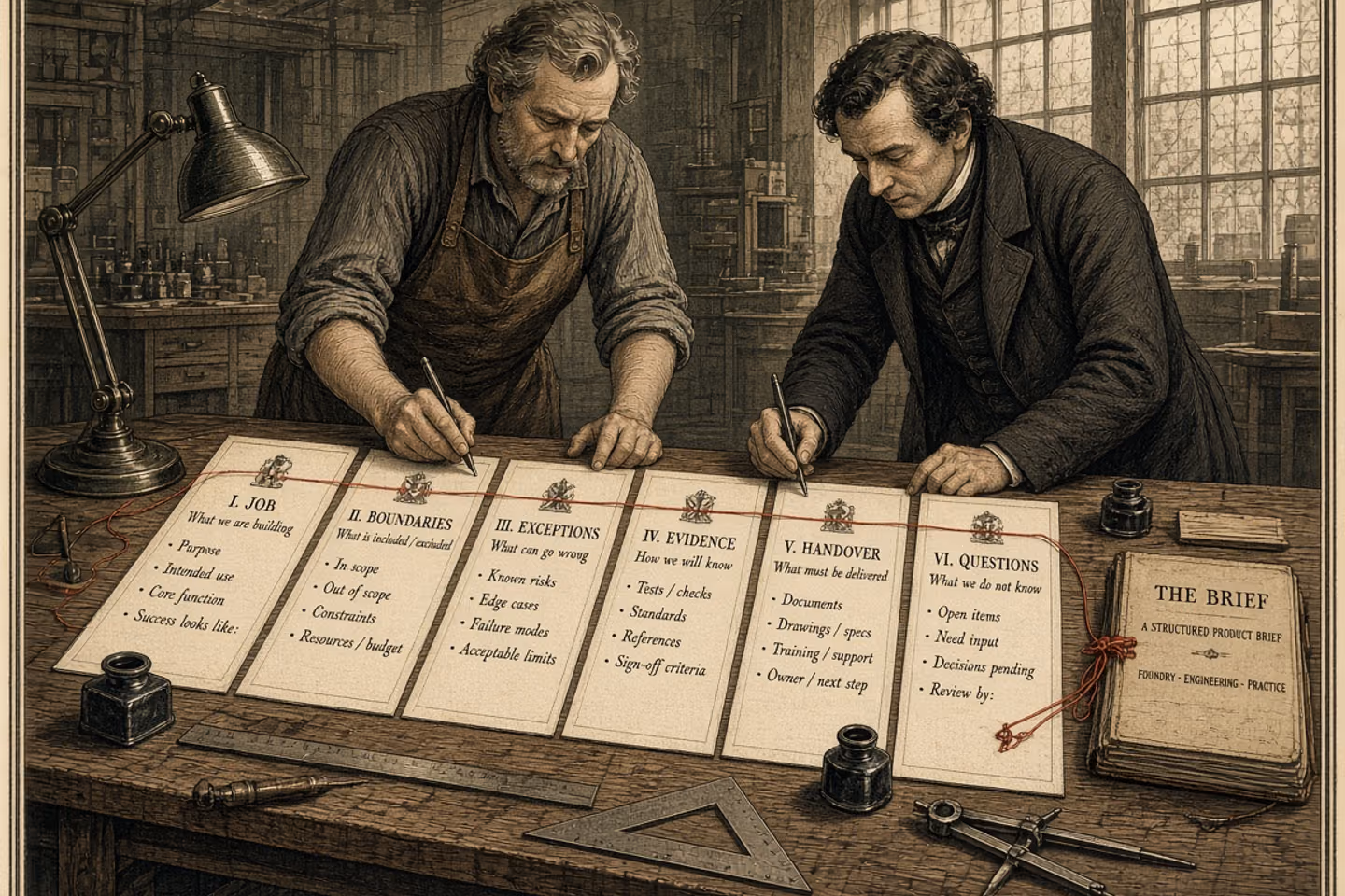An engraved workshop scene of a founder and engineer writing a six-part product brief, with a red thread connecting job, boundaries, exceptions, evidence, handover and questions