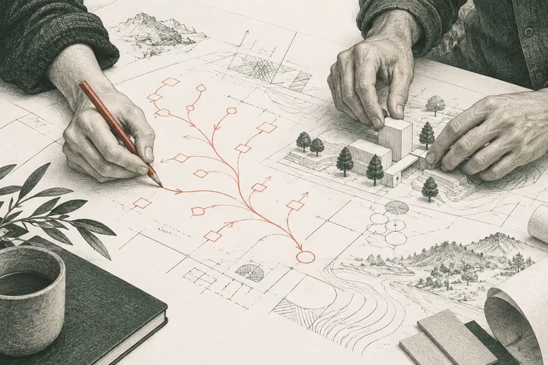 Hands working together over an architectural model and a sketched workflow